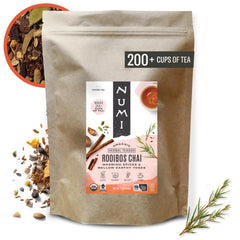 Numi pouch front view showing rooibos chai label and resealable bag for freshness