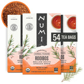 Numi front packaging showing organic rooibos and certifications benefits