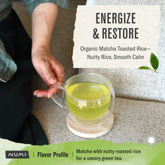 Numi tea bag closeup showing Abacá fiber and plastic-free seal for cleaner cups
