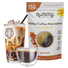 Nummy Creations front pouch showing caramel flavor and resealable benefit
