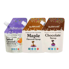 NuNaturals front packaging showing three flavored syrup bottles and triple value