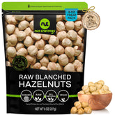 Nut Cravings front pouch showing 8oz blanched hazelnuts, keeps nuts fresh