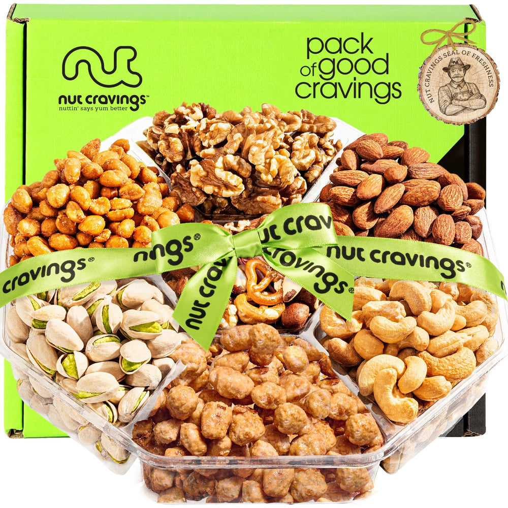 Nut Cravings front packaging with green ribbon showing gift-ready presentation and premium look