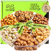 Nut Cravings front packaging with green ribbon showing gift-ready presentation and premium look