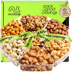 Nut Cravings front packaging with green ribbon showing gift-ready presentation and premium look