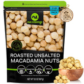 Nut Cravings front packaging of 32oz roasted macadamia nuts highlighting size and resealable bag