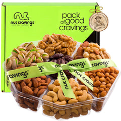 Nut Cravings front packaging with green ribbon showing elegant gift presentation