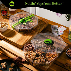 Nut Cravings clear hexagon tray top view displaying seven separate nut assortments for variety