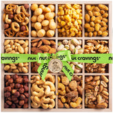 Nut Cravings wooden tray front view showing neat 12-assortment display and easy sharing