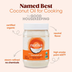 Nutiva pouring neutral coconut oil emphasizing clean pour and high-heat cooking benefit