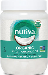 Nutiva front jar showing organic coconut oil and clear branding benefit