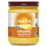Nutiva front jar showing butter flavored coconut oil and pantry ready benefit