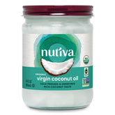 Nutiva front label on 14 ounce glass jar showing organic extra-virgin benefits