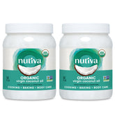 Nutiva front packaging showing 54oz jar and fresh coconut scent benefit