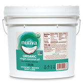 Nutiva gallon front label showing organic branding and clean packaging benefit
