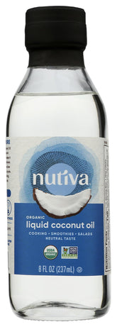 Nutiva liquid coconut oil front bottle showing label and size benefits