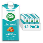 nutpods front packaging shows 12-pack and caramel creamer benefits