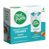 nutpods front packaging showing caramel unsweetened creamer and benefits