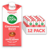 nutpods cinnamon swirl front packaging showing 12-pack and unsweetened benefit