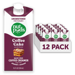 nutpods front packaging showing 12-pack and coffee cake label for pantry convenience