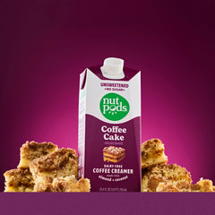nutpods bottle next to coffee mug showing 11.2 oz scale for portion and storage