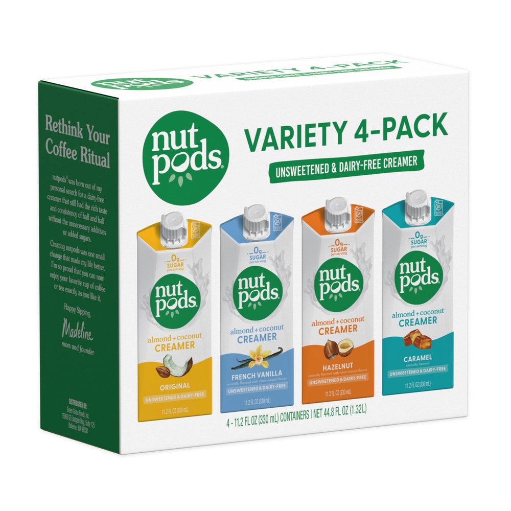 nutpods front packaging showing four flavors and shelf-stable convenience