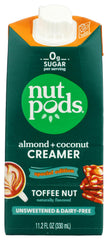 nutpods front label close-up showing toffee nut almond coconut flavor and bottle benefit