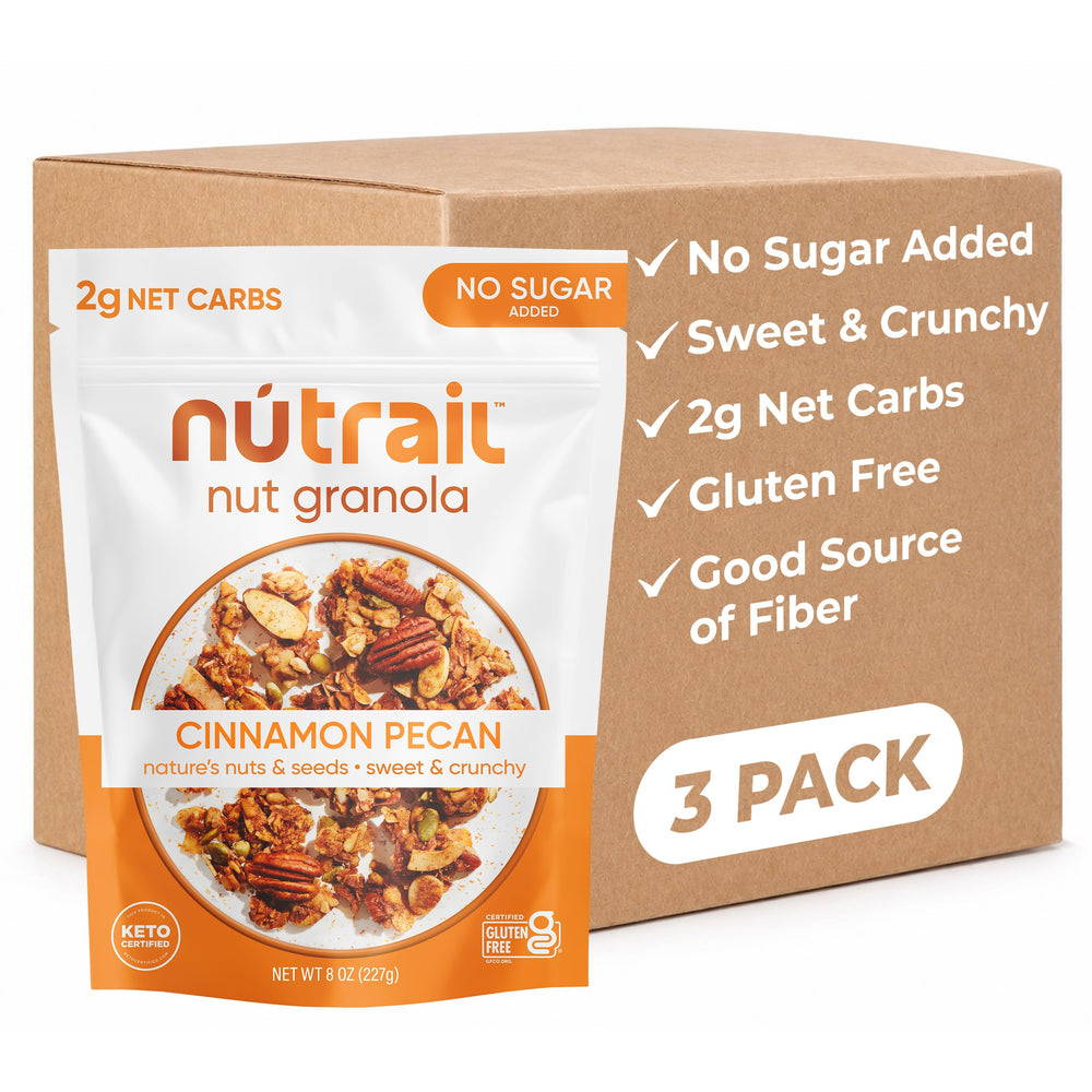 NuTrail front packaging showing cinnamon pecan flavor and benefits