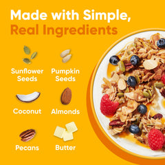 NuTrail granola poured in a bowl with milk demonstrating quick cereal use