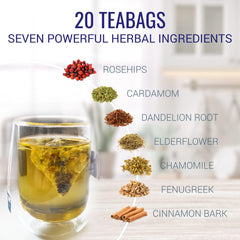 Nutri-Align detailed teabag shot showing tag and fine herbal blend for convenient brewing