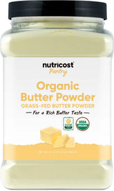 Nutricost front packaging showing the 1.5 lb butter powder and organic badge for shelf convenience