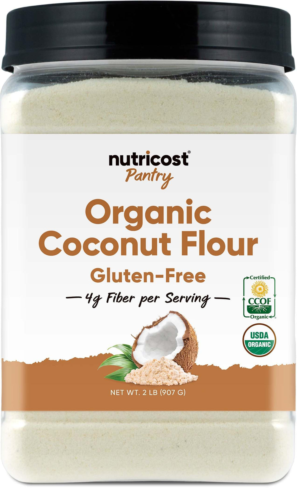 Nutricost front packaging showing 2 lb organic coconut flour and clear product benefit