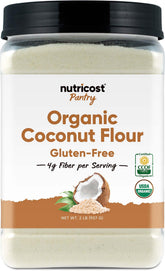Nutricost front packaging showing 2 lb organic coconut flour and clear product benefit