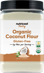Nutricost front packaging showing 2 lb organic coconut flour and clear product benefit
