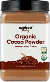 Nutricost front packaging of organic cocoa showing product clarity and size