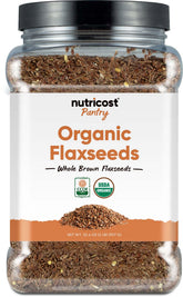 Nutricost front packaging showing organic flaxseeds and certifications