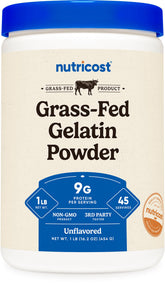Nutricost front packaging showing 1 lb unflavored gelatin and clarity benefit