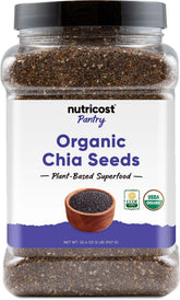 Nutricost front packaging showing 2-pound organic chia seeds and pantry-ready convenience