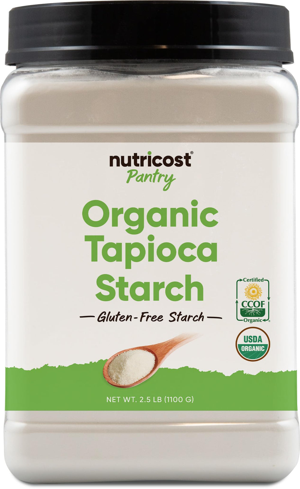 Nutricost front packaging of organic tapioca starch showing size and branding benefits