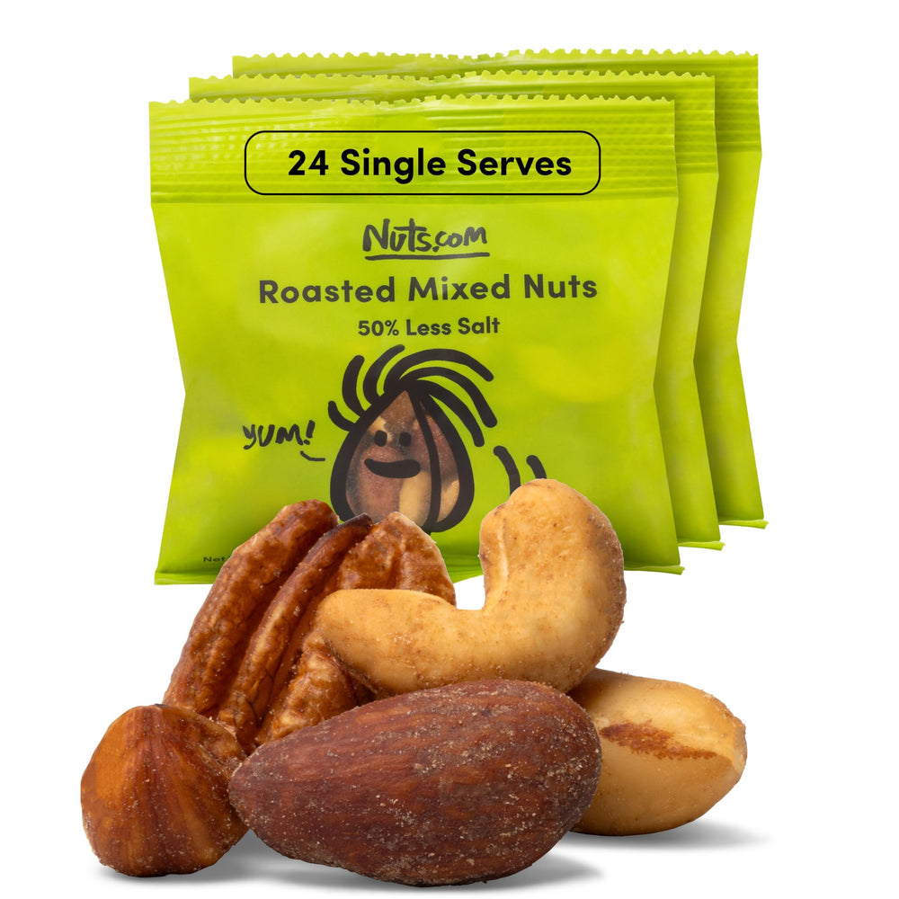 Nuts.com front packaging showing 24 single-serve pouches and product name benefit: easy portioning