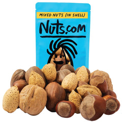 Nuts.com front bag shot showing 1 lb mixed nuts in shell, fresh and resealable