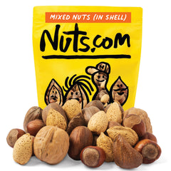Nuts.com front packaging of 5 lb mixed nuts in shell showing brand and resealable bag, convenient storage