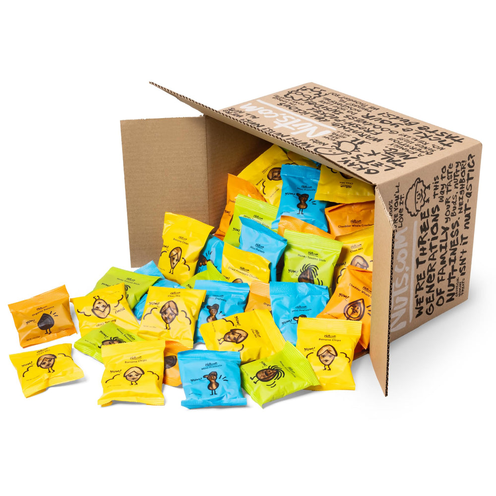 Nuts.com front view of the 70-count nut-free snack box showing contents and convenience