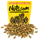 Nuts.com front packaging of 2 lb roasted pumpkin seeds showing product bag and label benefit