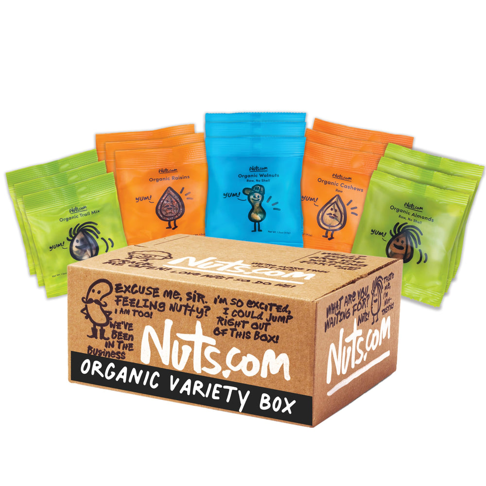 Nuts.com variety box front packaging showing organic assortment and convenience