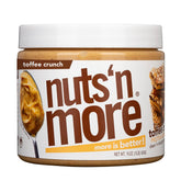 Nuts 'N More front jar showing toffee crunch label and benefits