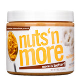 Nuts 'N More jar front showing white chocolate pretzel flavor and nutrition