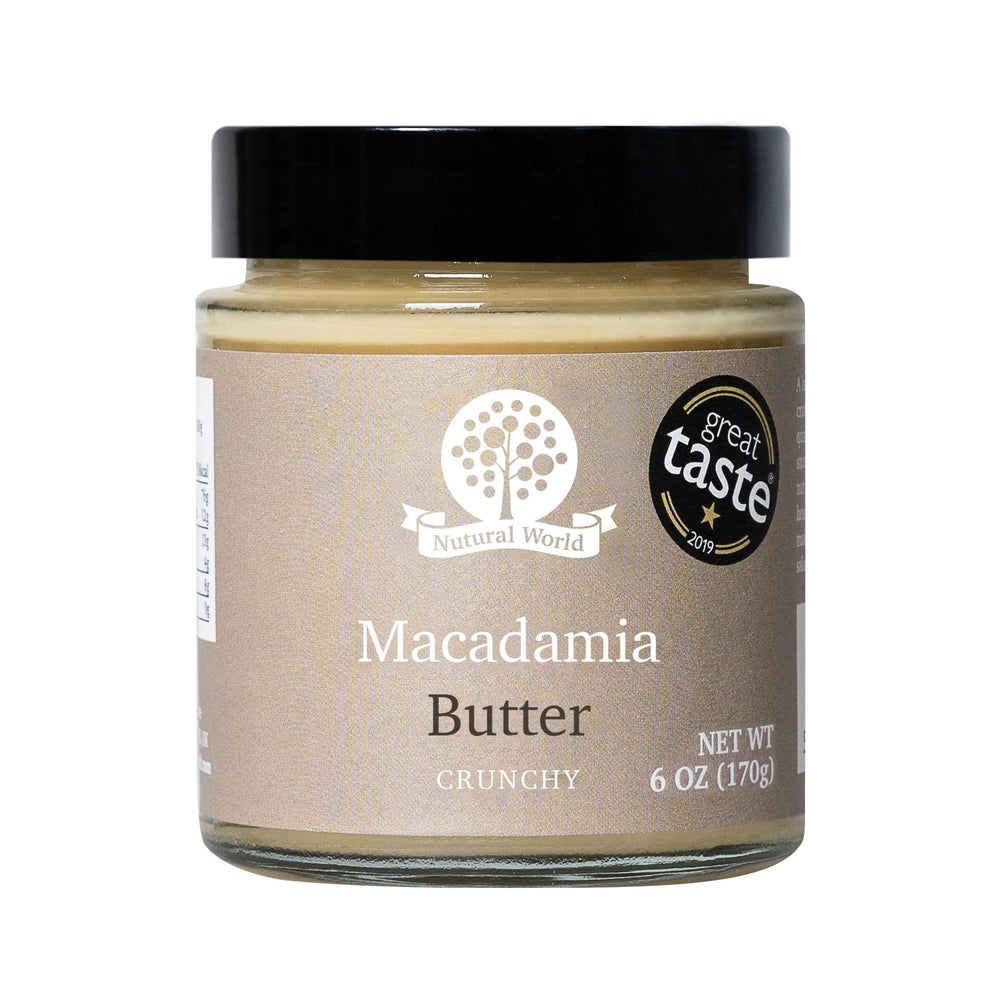 Nutural World front jar showing crunchy macadamia butter and natural ingredients benefit
