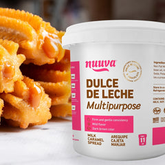 Nuuva dulce de leche tub front view shows creamy spread ideal for baking