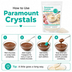 O'CREME crystals on measuring spoon beside chocolate cups, showing precise dosing benefit